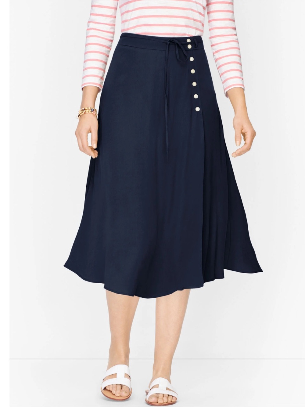 Talbots Button Side A-Line Midi Skirt Navy Blue 12